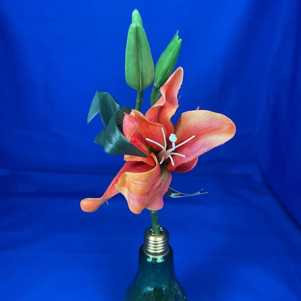 Realistic Artificial Coral Orange Lily Spray - Faux Floral Stem